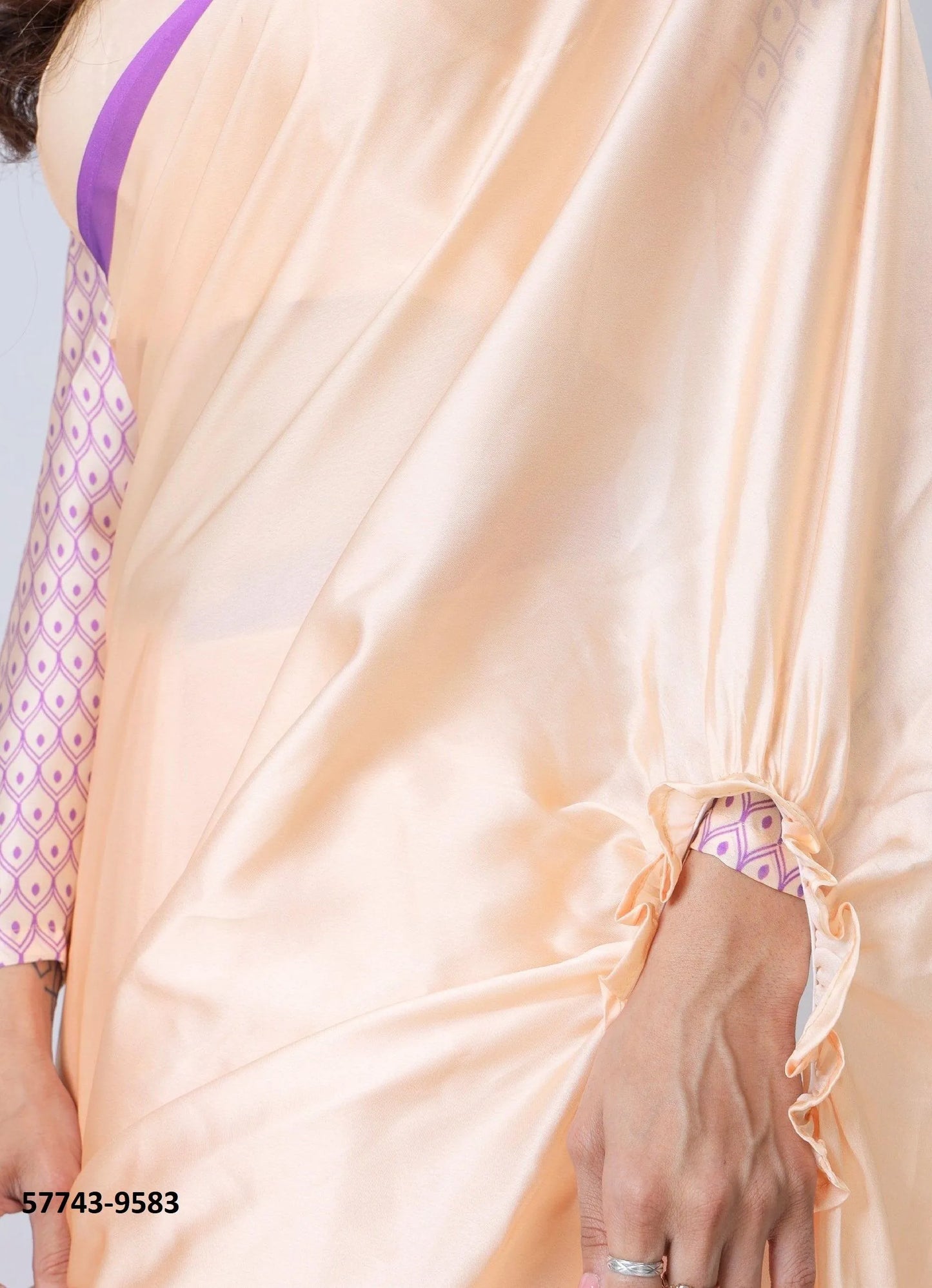 Light Peach Soft Crape Satin Printed Party-Wear Hands-Free Drape Saree