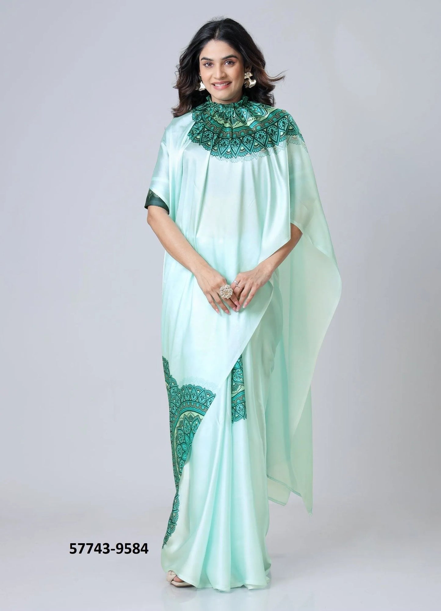 Light Teal Blue Soft Crape Satin Printed Party-Wear Hands-Free Drape Saree