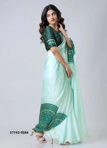 Light Teal Blue Soft Crape Satin Printed Party-Wear Hands-Free Drape Saree