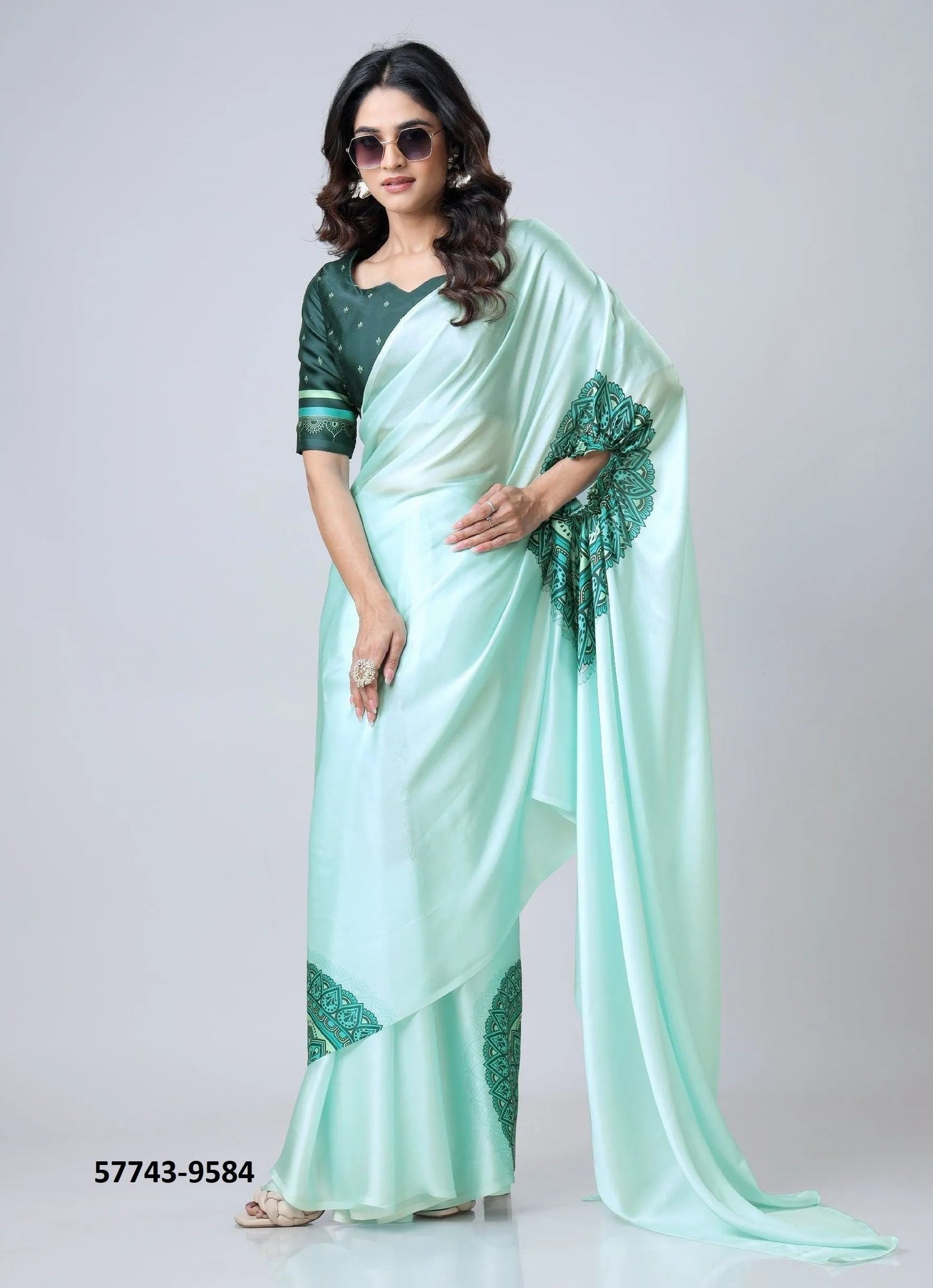 Light Teal Blue Soft Crape Satin Printed Party-Wear Hands-Free Drape Saree
