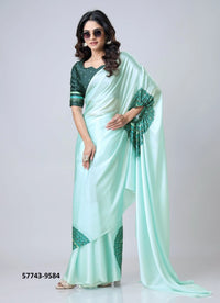 Light Teal Blue Soft Crape Satin Printed Party-Wear Hands-Free Drape Saree