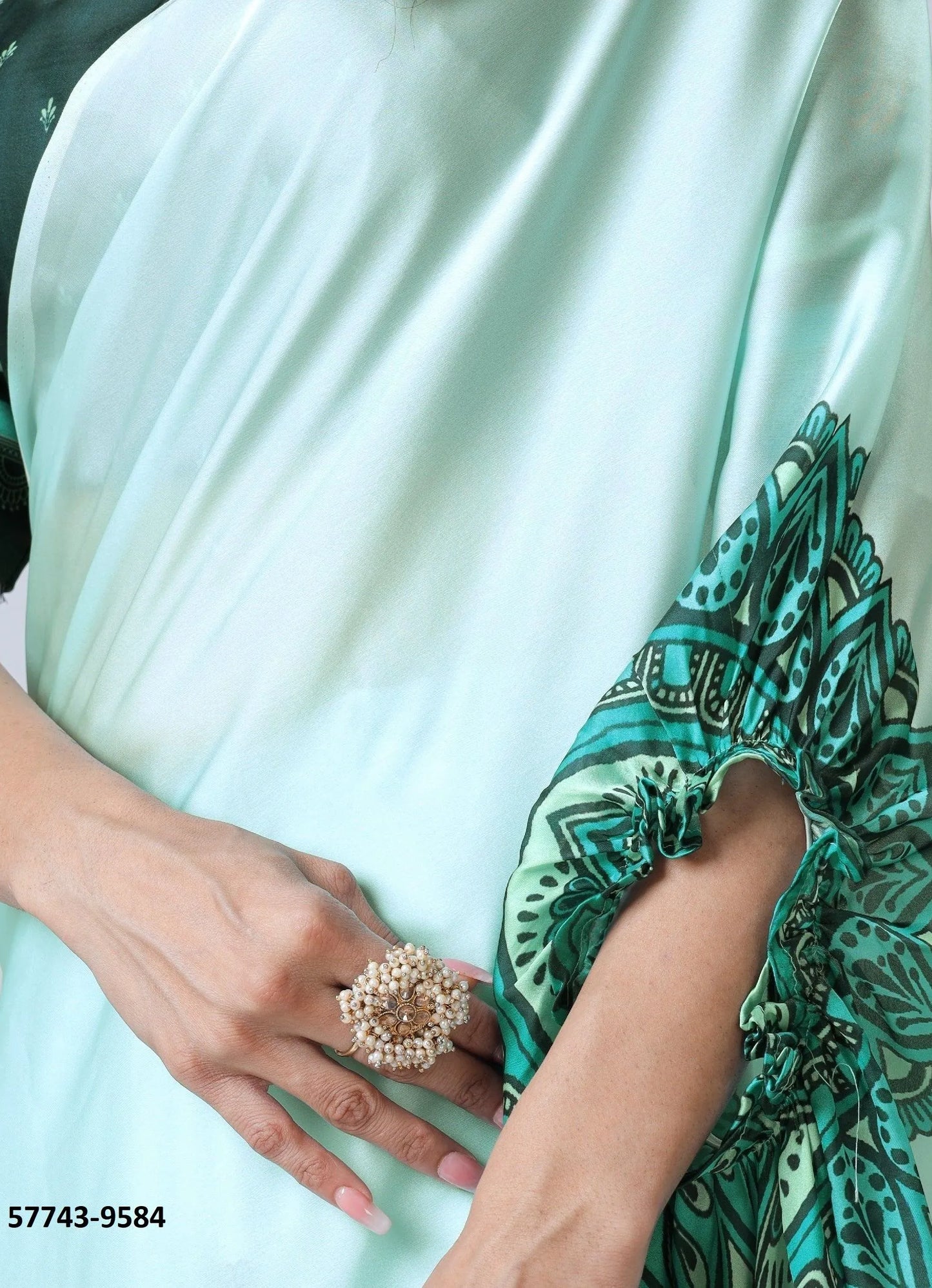 Light Teal Blue Soft Crape Satin Printed Party-Wear Hands-Free Drape Saree