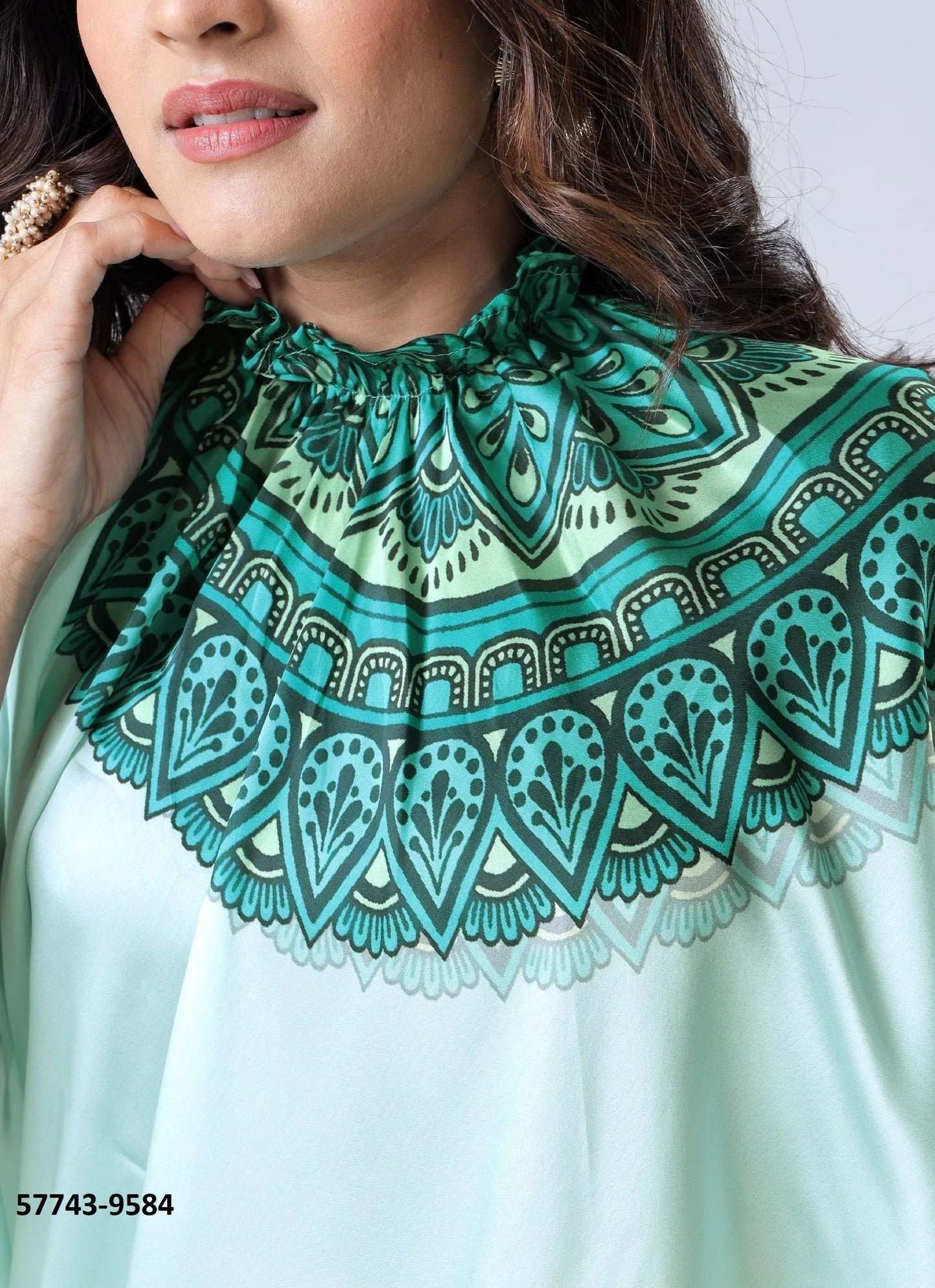 Light Teal Blue Soft Crape Satin Printed Party-Wear Hands-Free Drape Saree