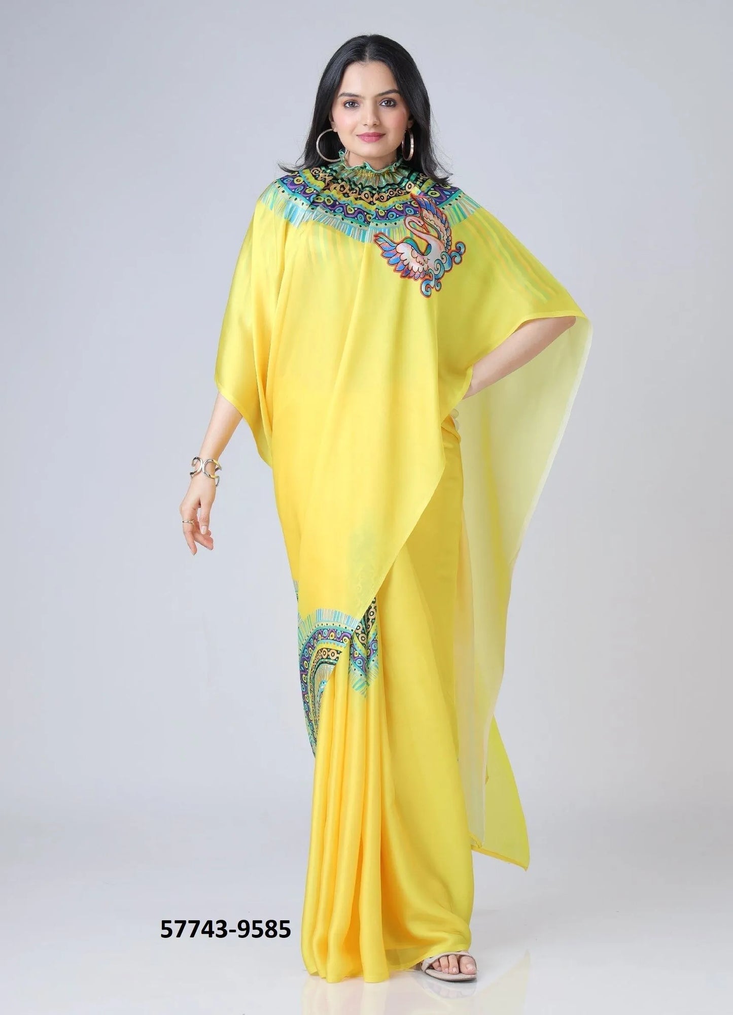Yellow Soft Crape Satin Printed Party-Wear Hands-Free Drape Saree