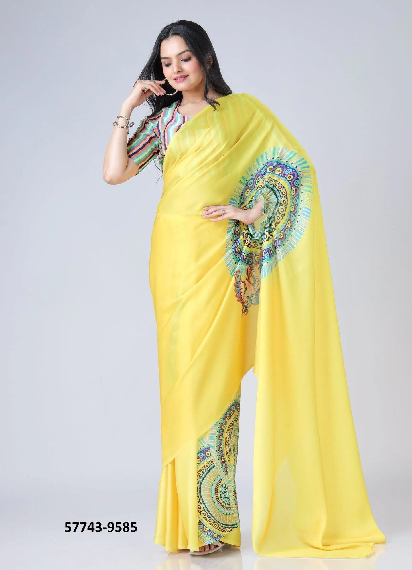 Yellow Soft Crape Satin Printed Party-Wear Hands-Free Drape Saree