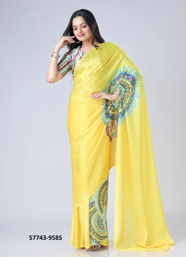 Yellow Soft Crape Satin Printed Party-Wear Hands-Free Drape Saree