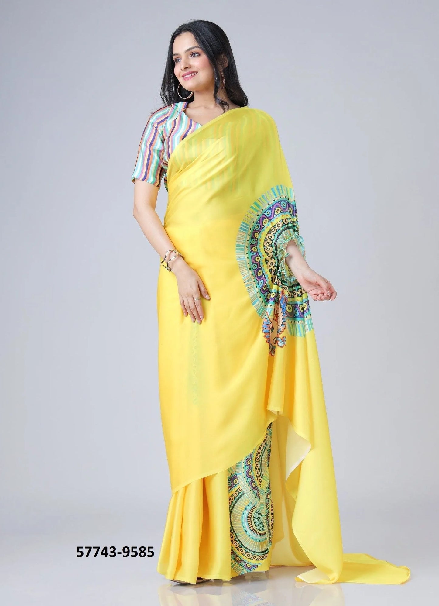 Yellow Soft Crape Satin Printed Party-Wear Hands-Free Drape Saree