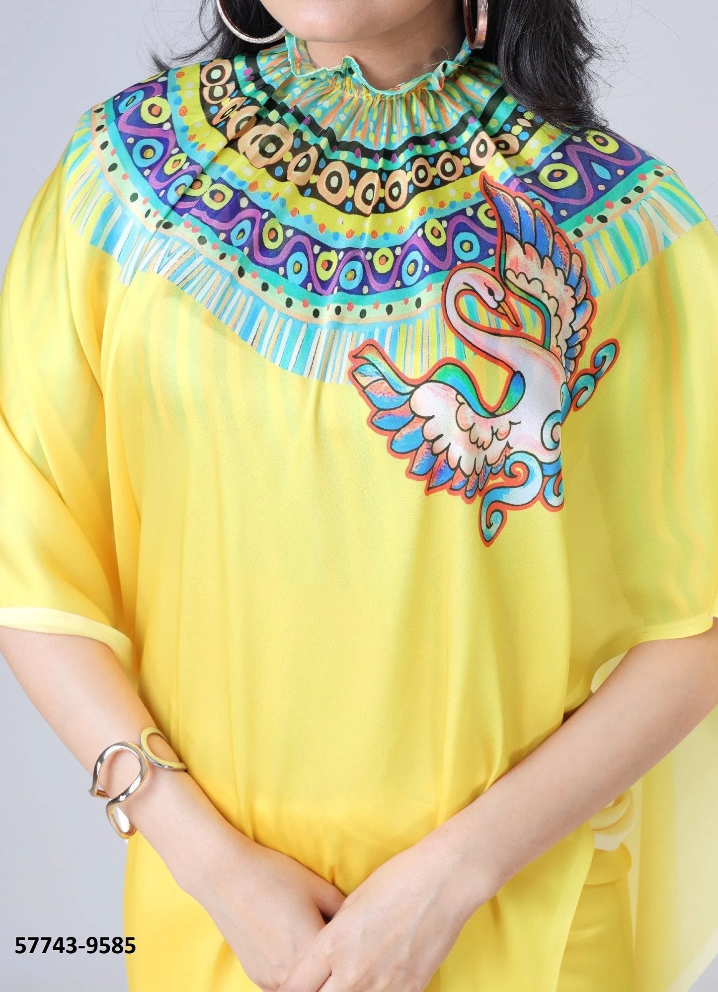Yellow Soft Crape Satin Printed Party-Wear Hands-Free Drape Saree