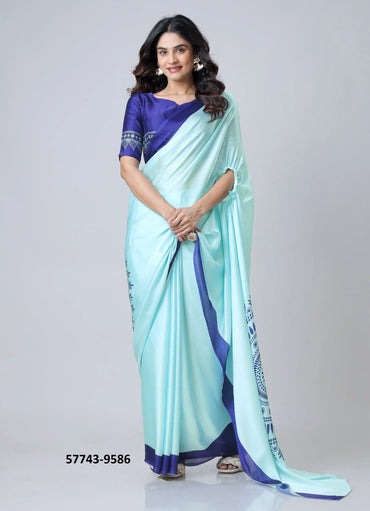 Sky Blue Soft Crape Satin Printed Party-Wear Hands-Free Drape Saree
