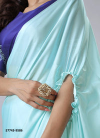 Sky Blue Soft Crape Satin Printed Party-Wear Hands-Free Drape Saree