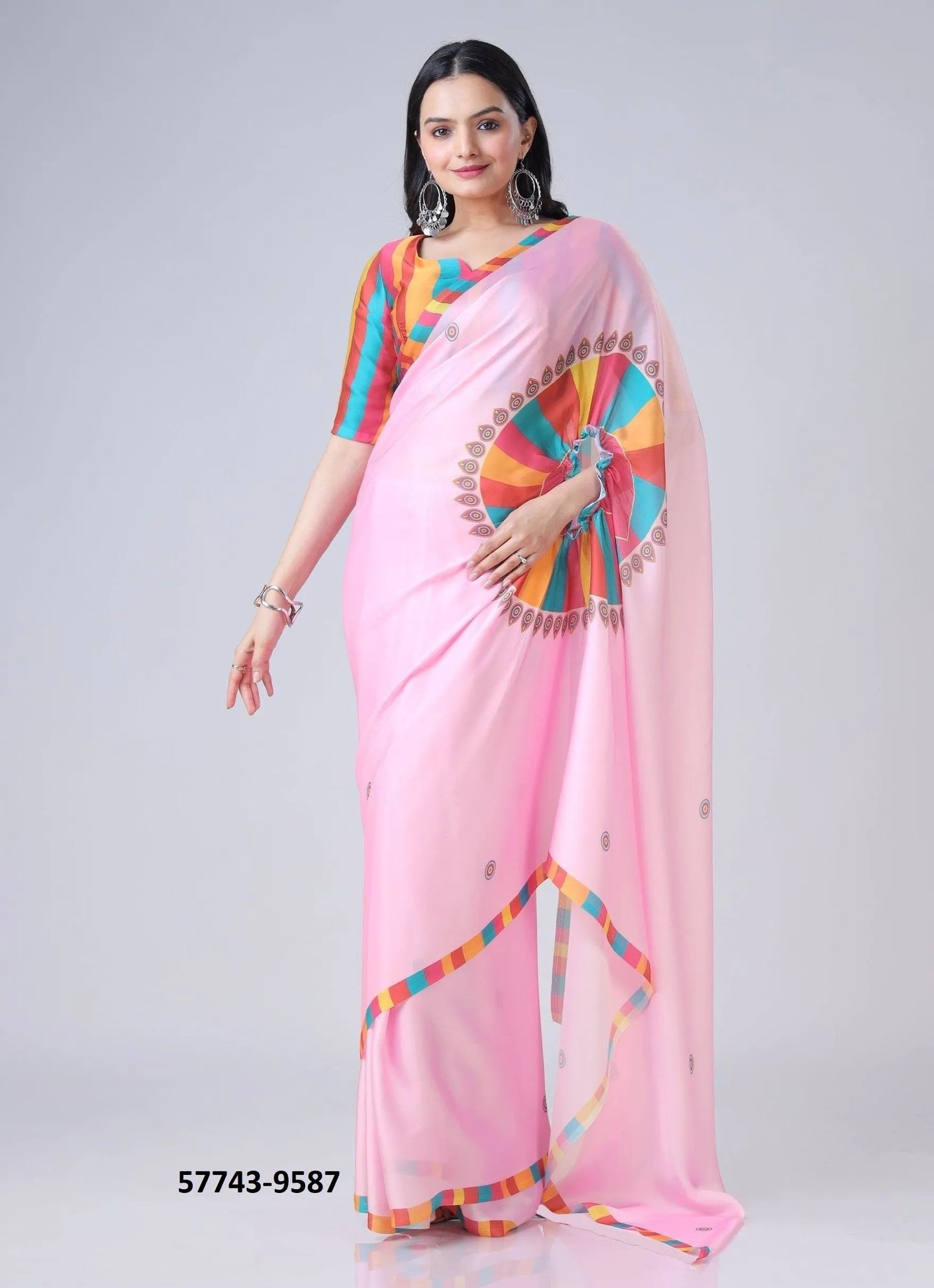 Pink Soft Crape Satin Printed Party-Wear Hands-Free Drape Saree