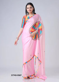 Pink Soft Crape Satin Printed Party-Wear Hands-Free Drape Saree