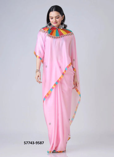 Pink Soft Crape Satin Printed Party-Wear Hands-Free Drape Saree