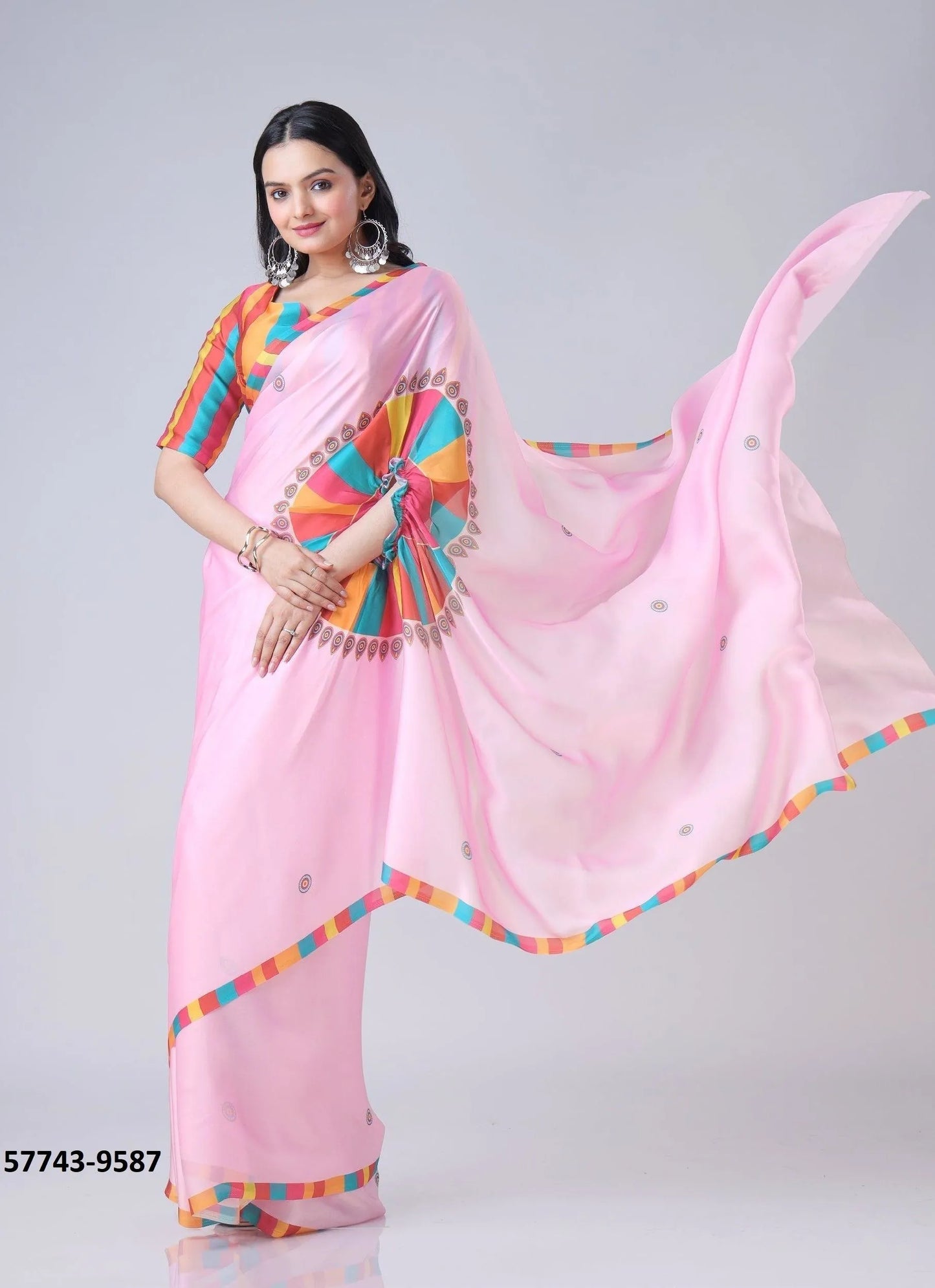 Pink Soft Crape Satin Printed Party-Wear Hands-Free Drape Saree
