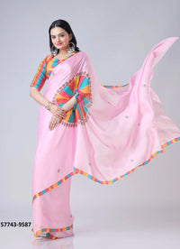Pink Soft Crape Satin Printed Party-Wear Hands-Free Drape Saree