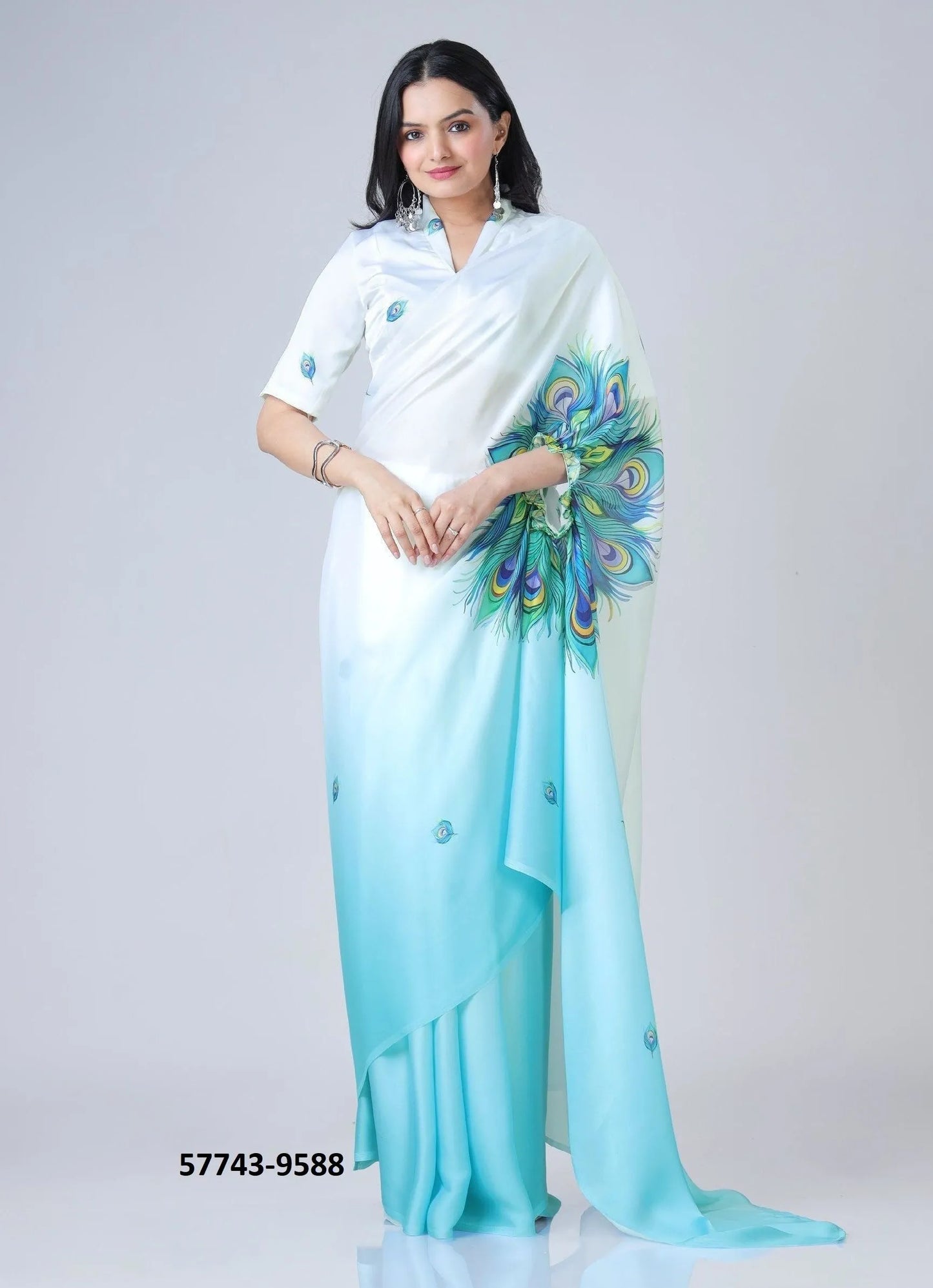Sky Blue Soft Crape Satin Printed Party-Wear Hands-Free Drape Saree