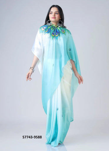 Sky Blue Soft Crape Satin Printed Party-Wear Hands-Free Drape Saree