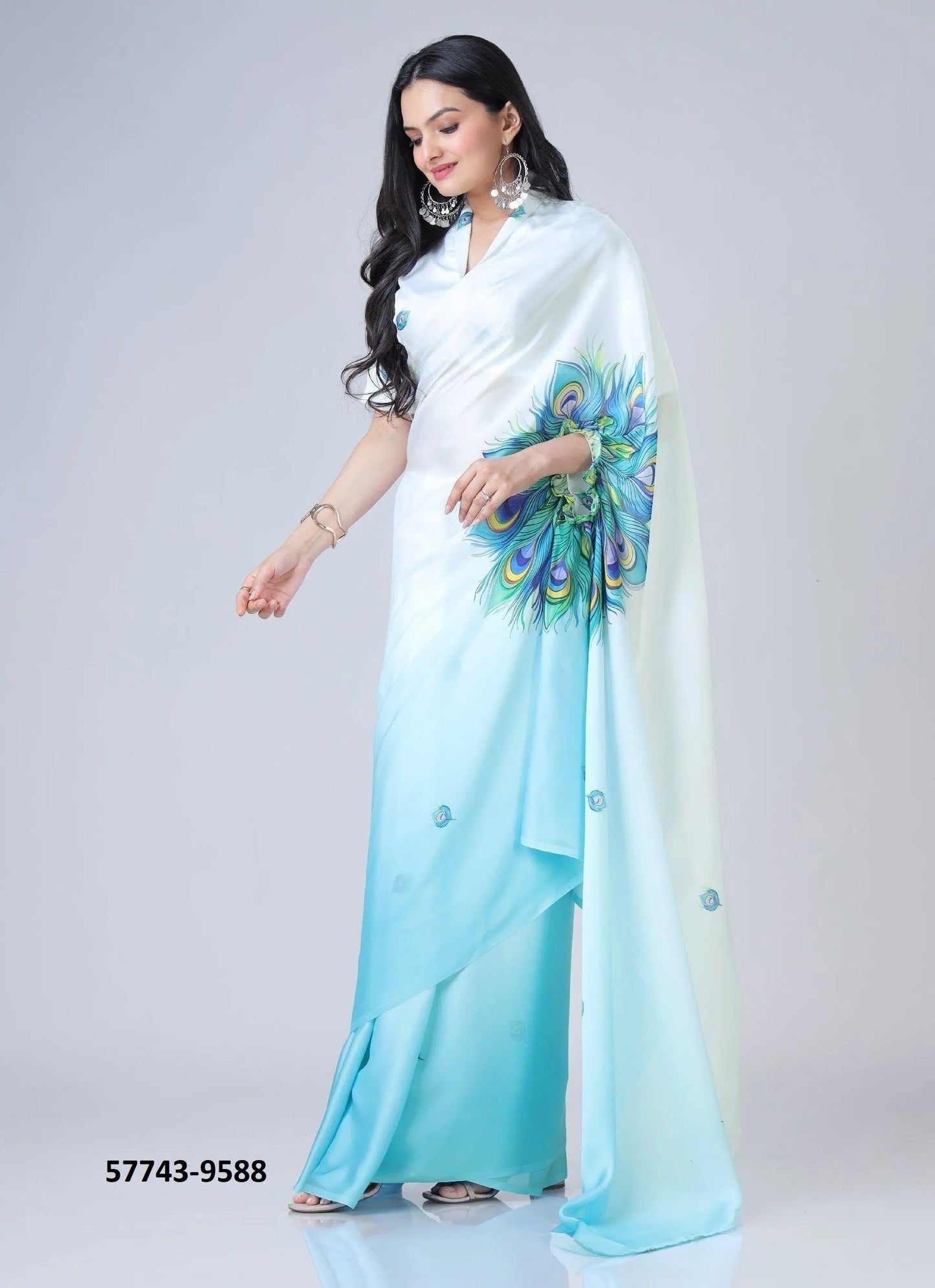 Sky Blue Soft Crape Satin Printed Party-Wear Hands-Free Drape Saree