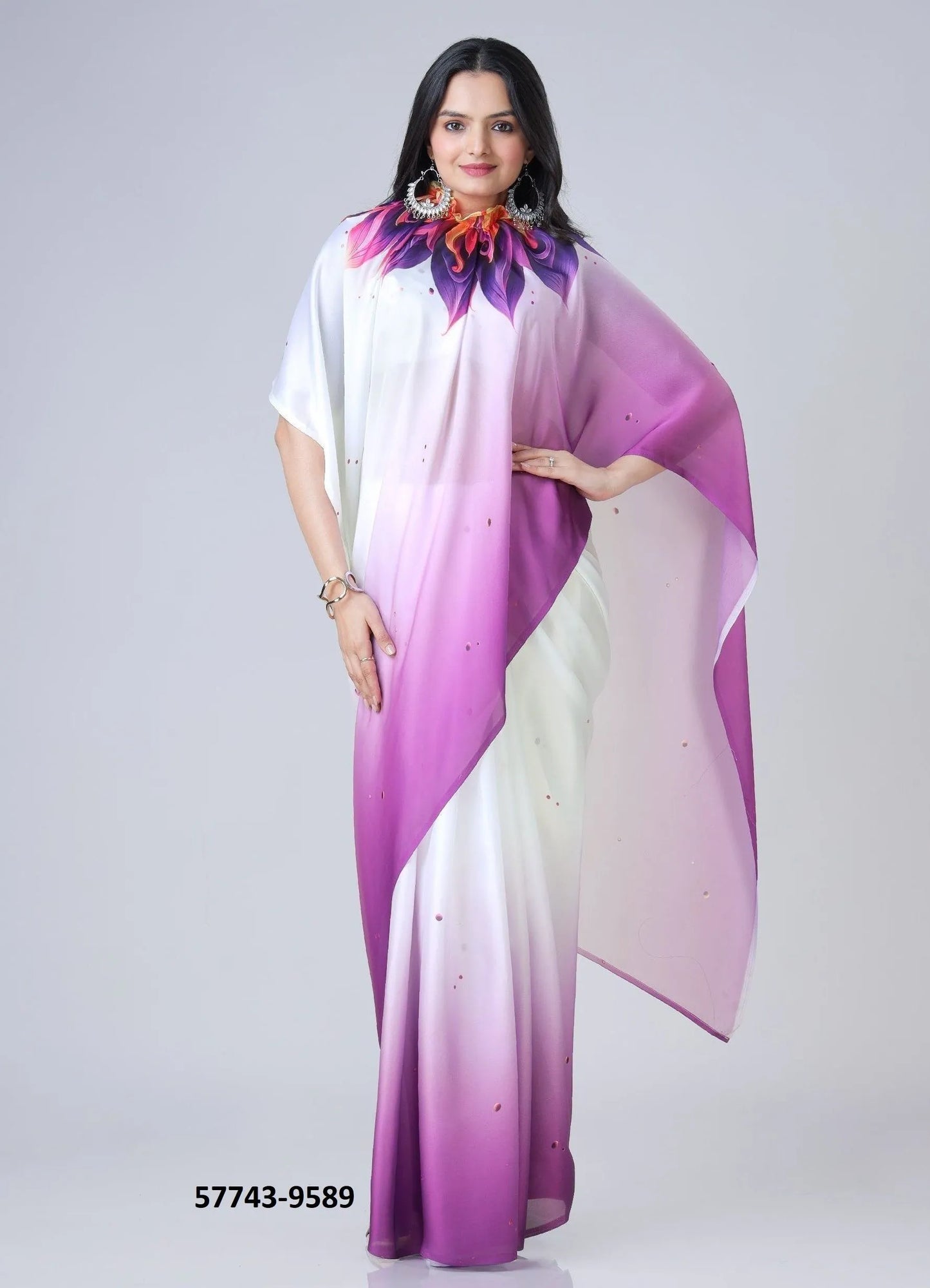 Purple Soft Crape Satin Printed Party-Wear Hands-Free Drape Saree