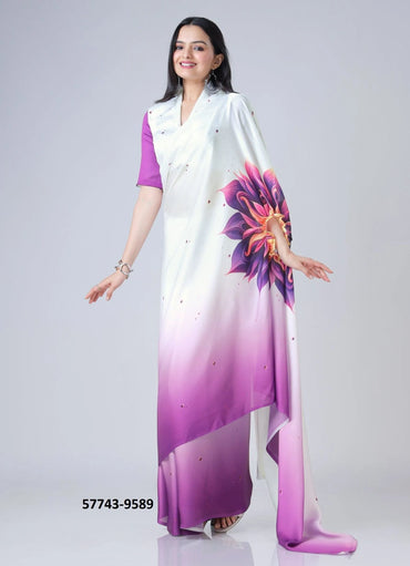 Purple Soft Crape Satin Printed Party-Wear Hands-Free Drape Saree