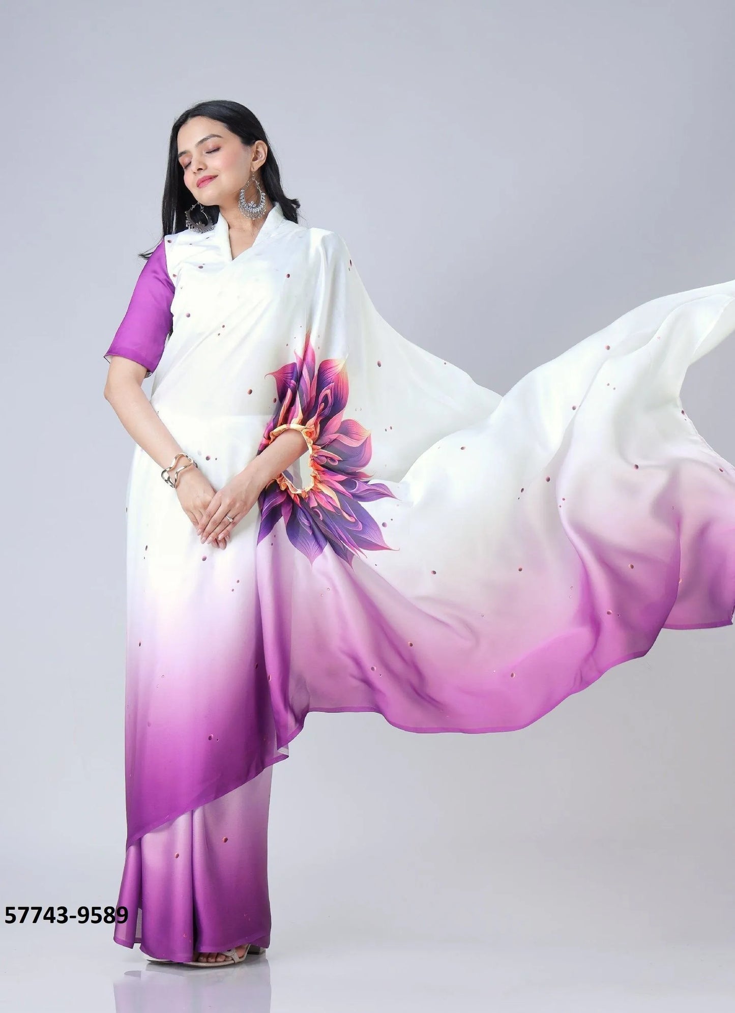 Purple Soft Crape Satin Printed Party-Wear Hands-Free Drape Saree