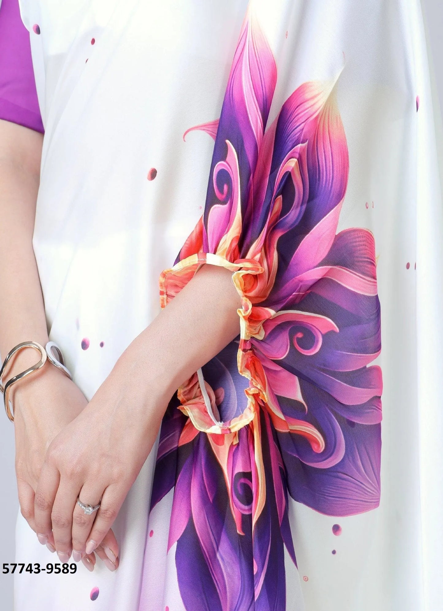 Purple Soft Crape Satin Printed Party-Wear Hands-Free Drape Saree