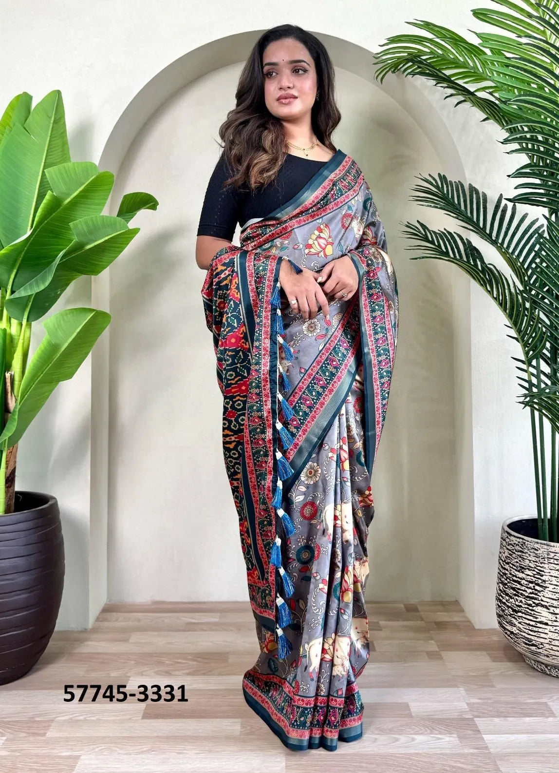 Steel Blue Dola Silk Viscose Printed Festive-Wear Saree