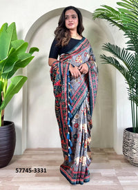 Steel Blue Dola Silk Viscose Printed Festive-Wear Saree