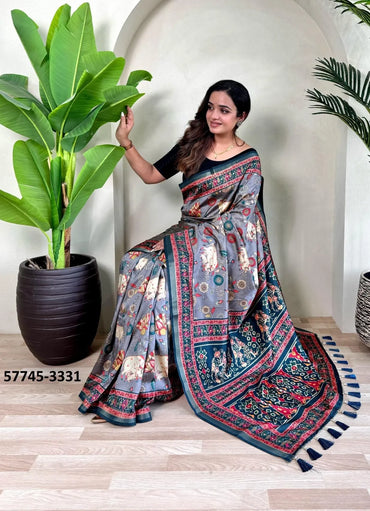 Steel Blue Dola Silk Viscose Printed Festive-Wear Saree