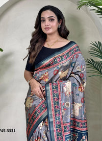 Steel Blue Dola Silk Viscose Printed Festive-Wear Saree