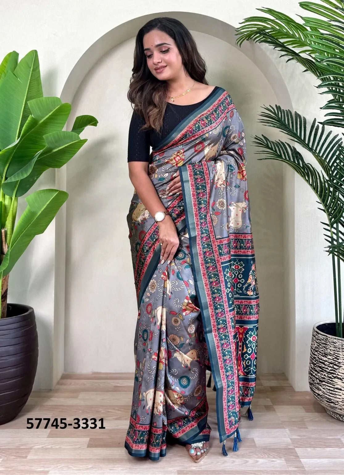 Steel Blue Dola Silk Viscose Printed Festive-Wear Saree