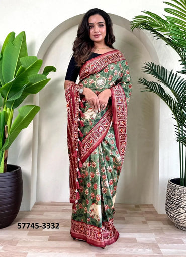 Light Green Dola Silk Viscose Printed Festive-Wear Saree
