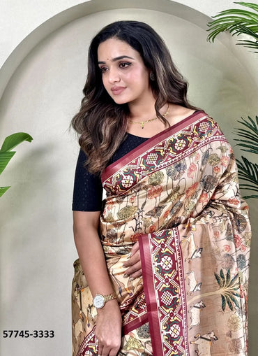 Off White Dola Silk Viscose Printed Festive-Wear Saree