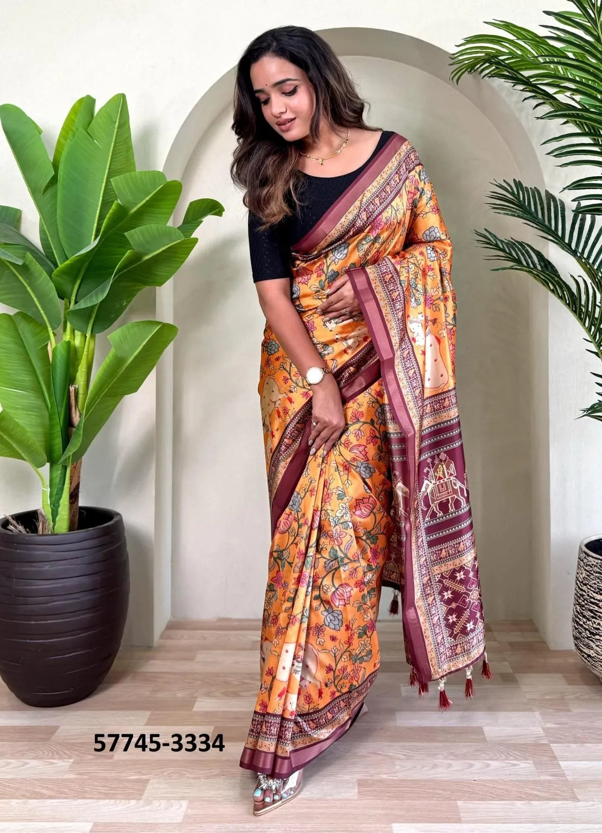 Orange Dola Silk Viscose Printed Festive-Wear Saree