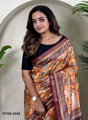 Orange Dola Silk Viscose Printed Festive-Wear Saree