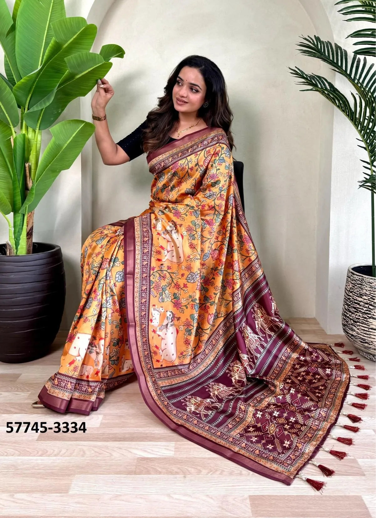 Orange Dola Silk Viscose Printed Festive-Wear Saree