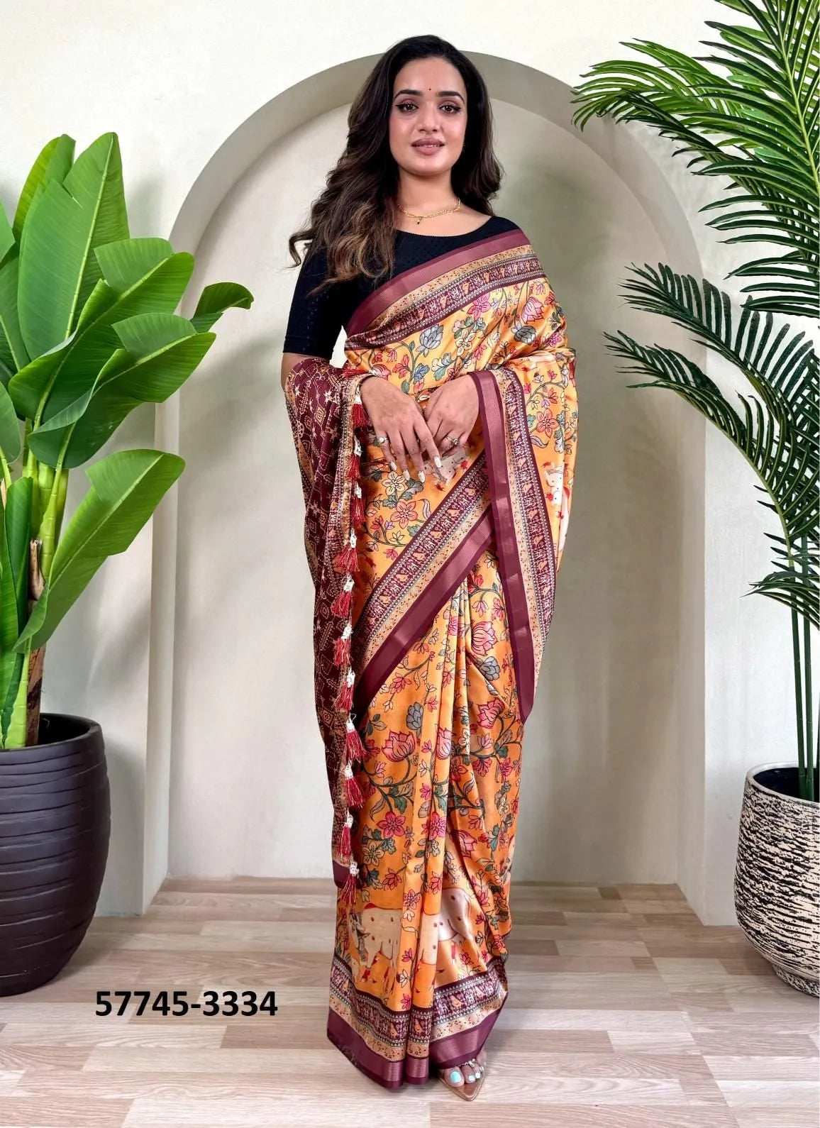 Orange Dola Silk Viscose Printed Festive-Wear Saree