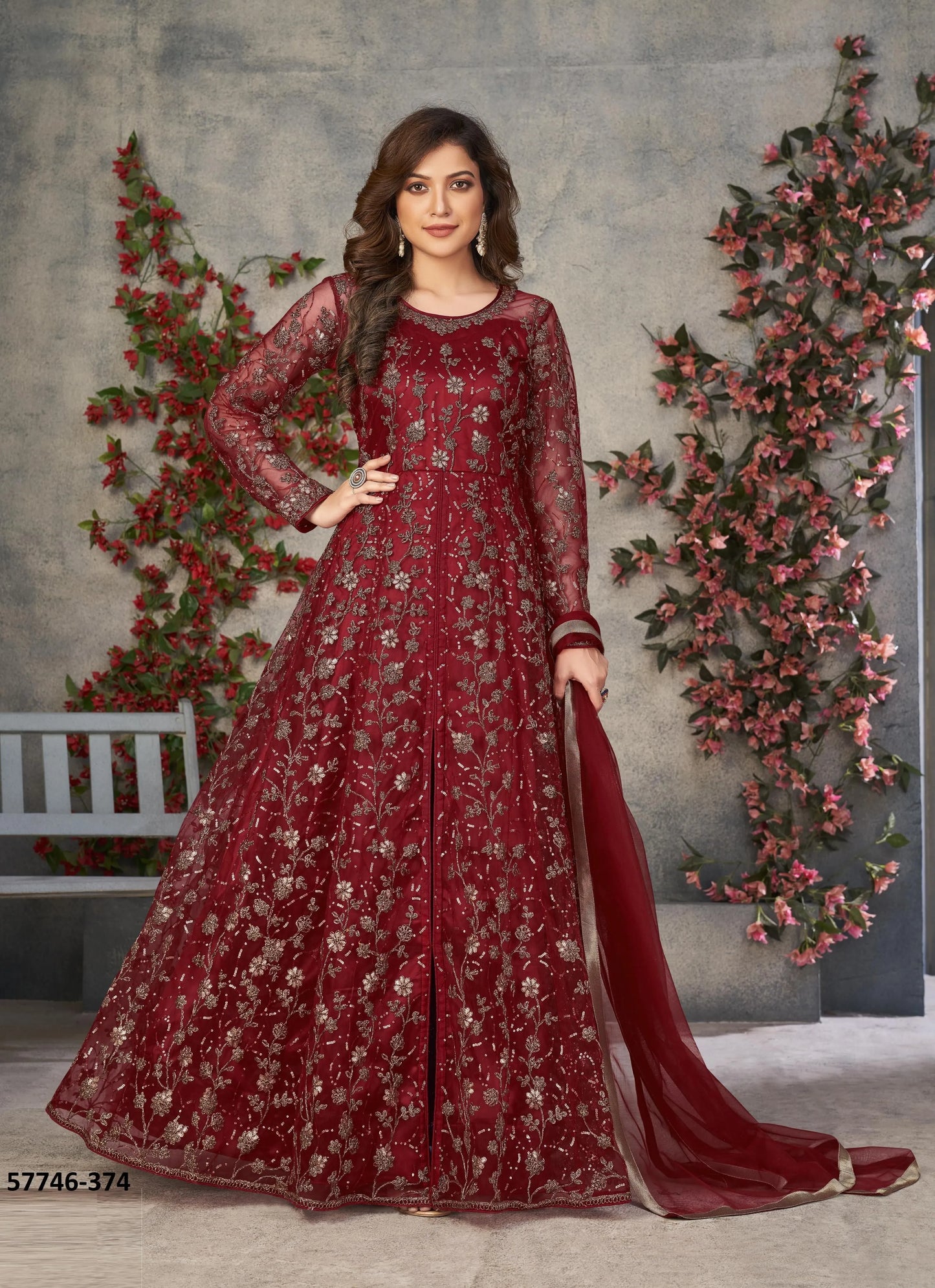 Maroon Net Embroidered Ramadan-Special Floor-Length Salwar Kameez