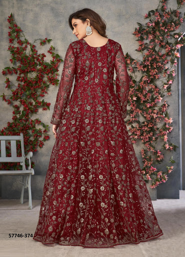 Maroon Net Embroidered Ramadan-Special Floor-Length Salwar Kameez