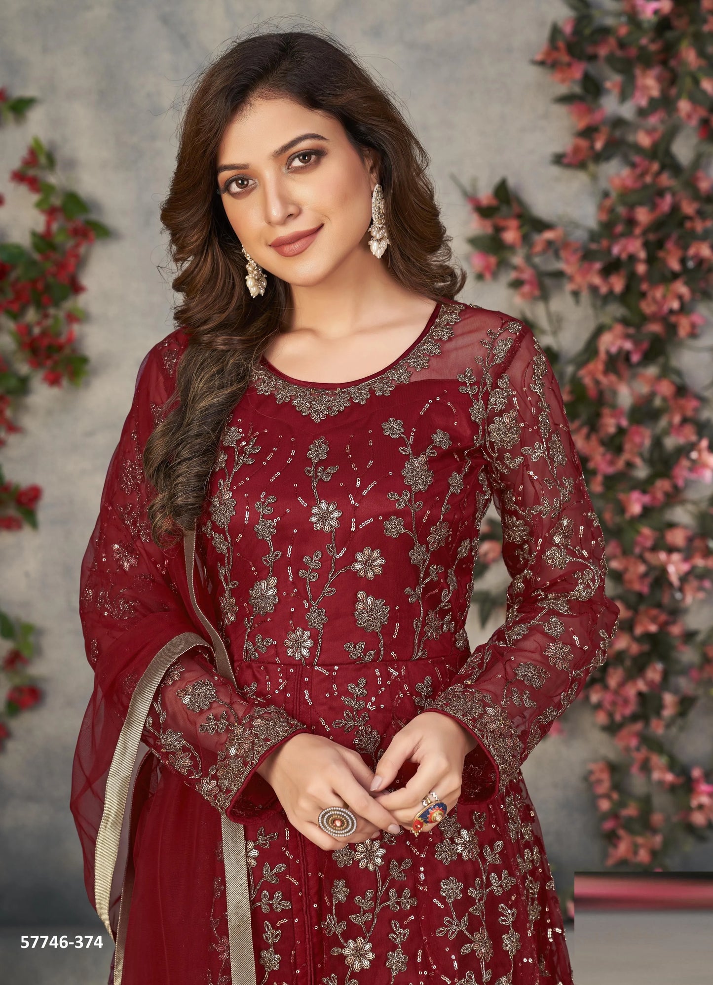Maroon Net Embroidered Ramadan-Special Floor-Length Salwar Kameez