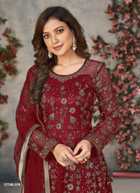 Maroon Net Embroidered Ramadan-Special Floor-Length Salwar Kameez