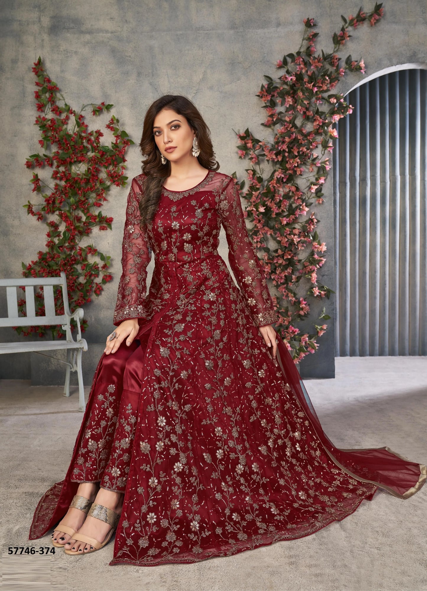 Maroon Net Embroidered Ramadan-Special Floor-Length Salwar Kameez