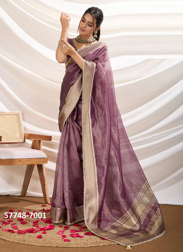 Mauve Tissue Linen Woven Saree For Traditional / Religious-Occasions