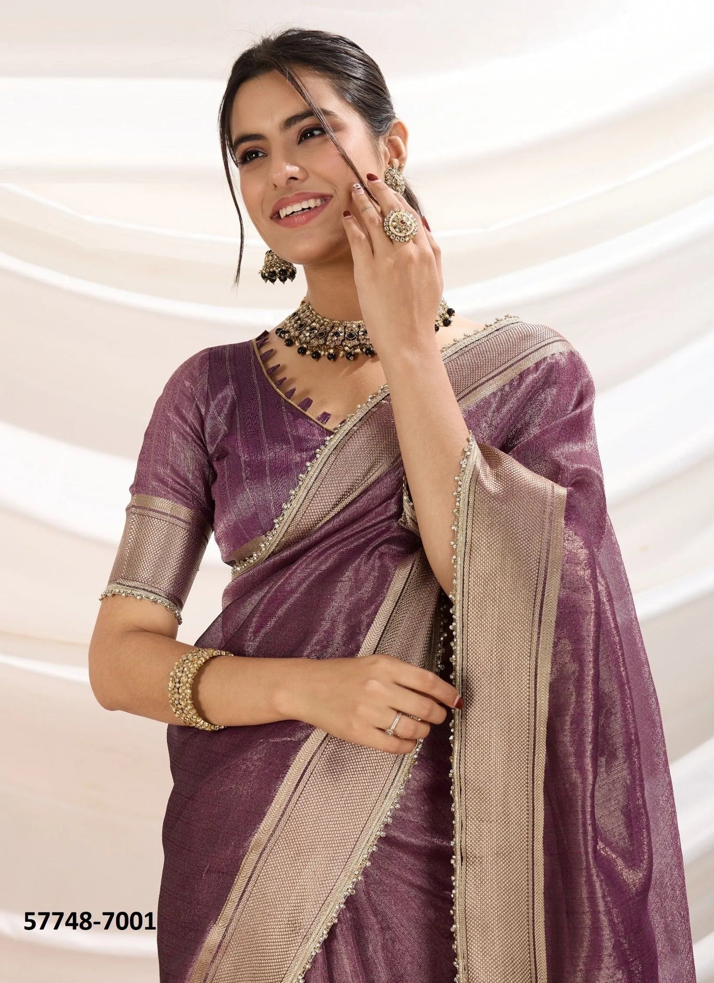 Mauve Tissue Linen Woven Saree For Traditional / Religious-Occasions