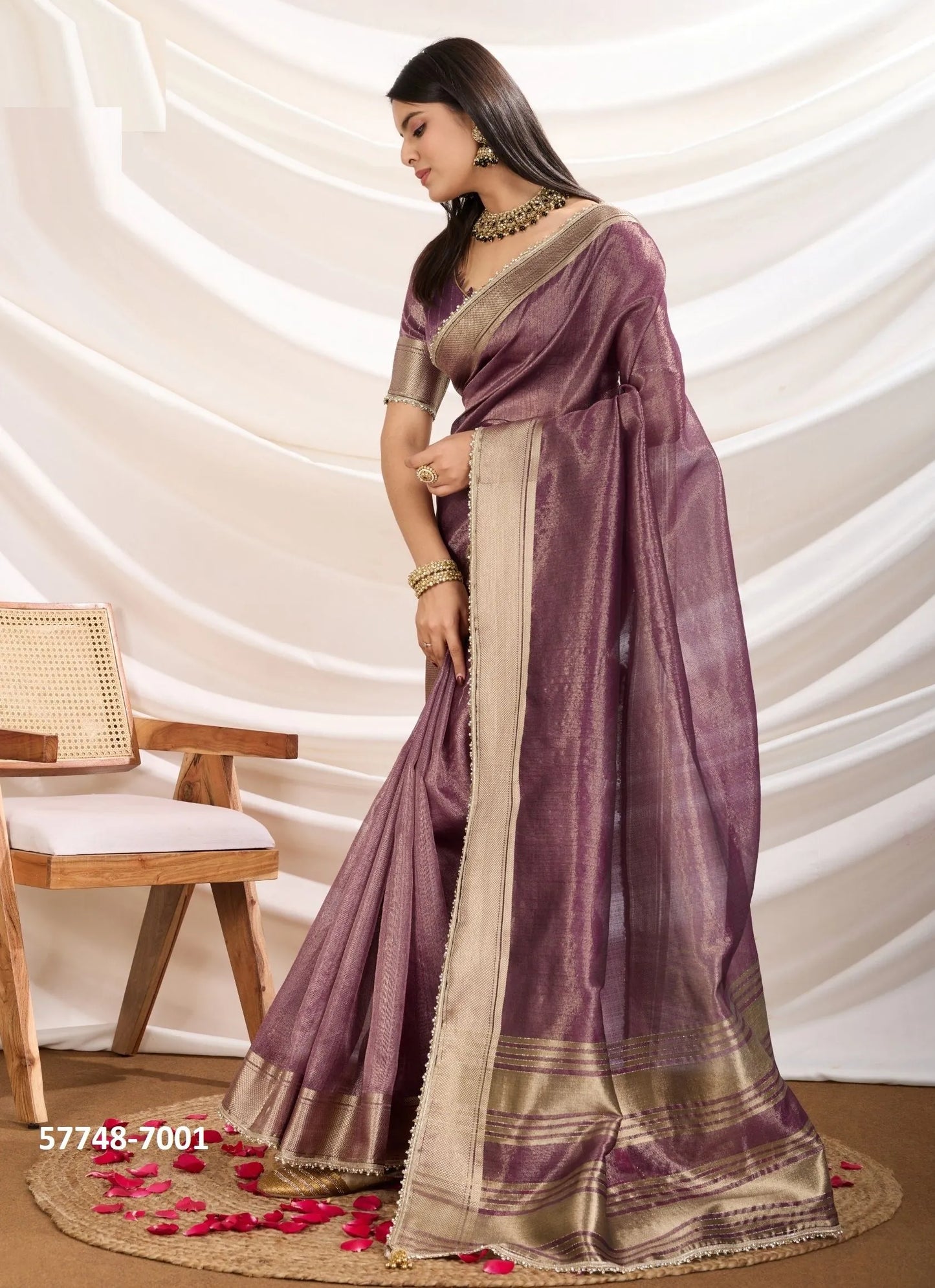 Mauve Tissue Linen Woven Saree For Traditional / Religious-Occasions