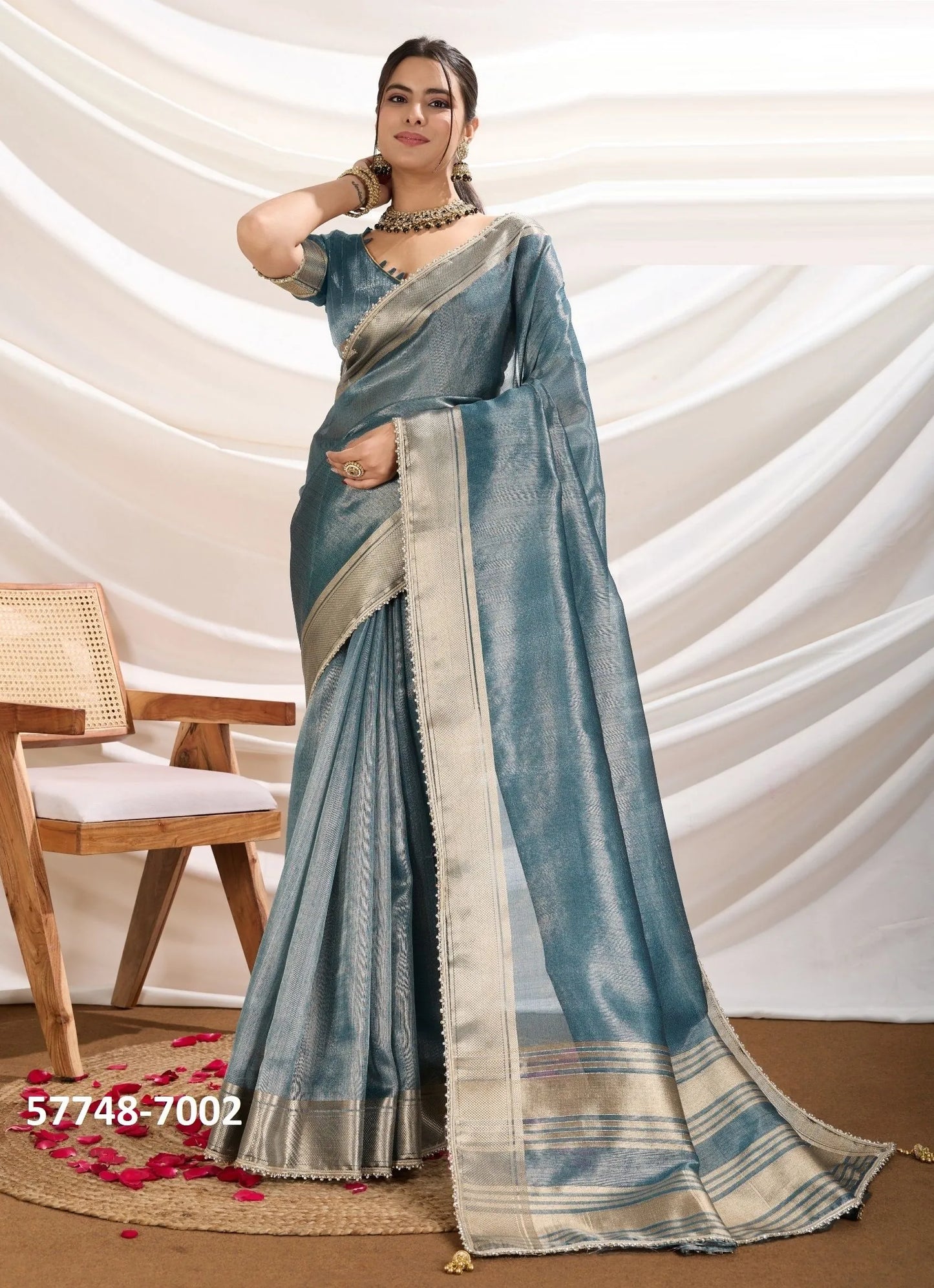 Teal Blue Tissue Linen Woven Saree For Traditional / Religious-Occasions