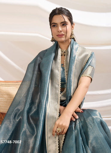 Teal Blue Tissue Linen Woven Saree For Traditional / Religious-Occasions