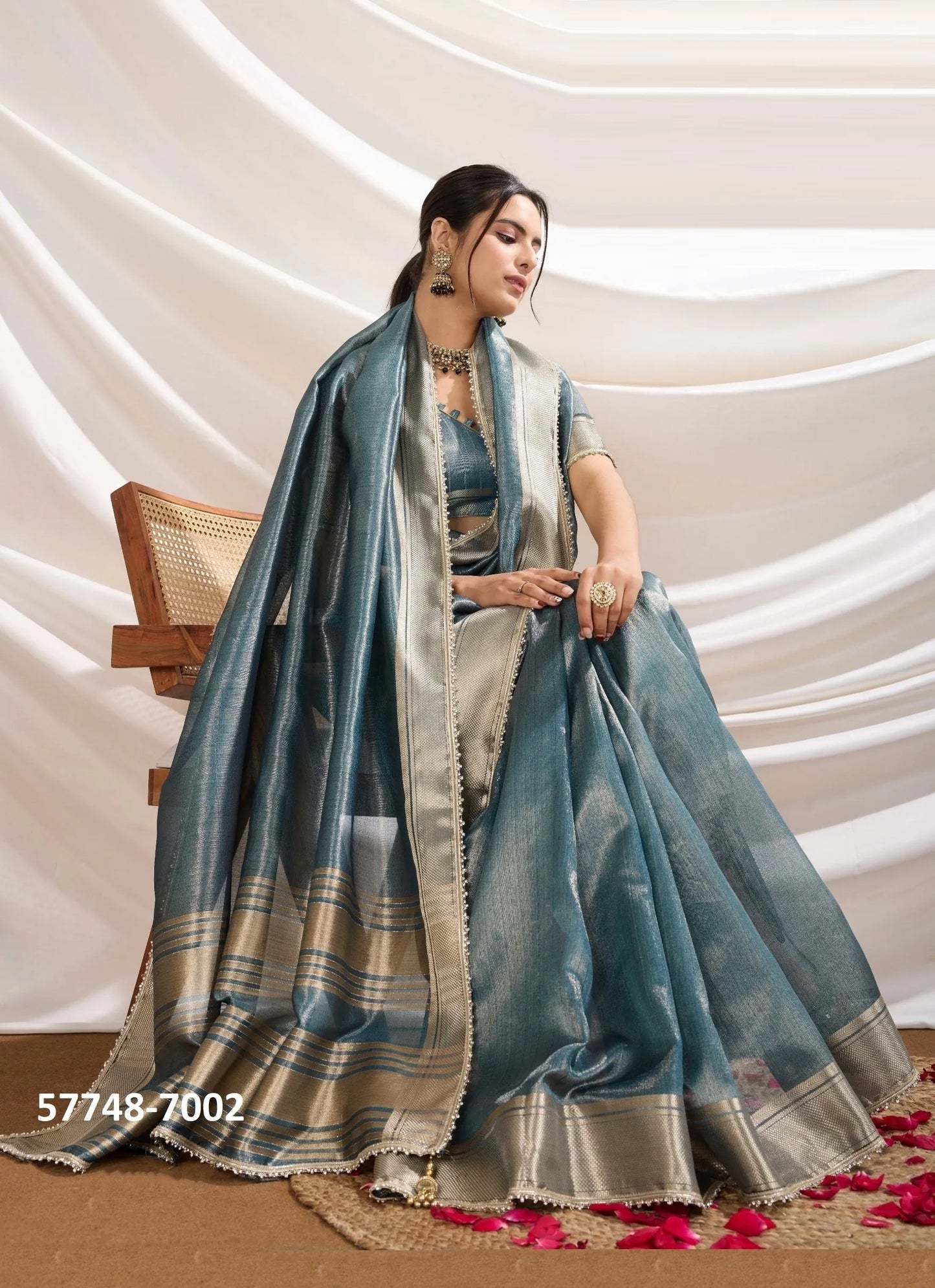 Teal Blue Tissue Linen Woven Saree For Traditional / Religious-Occasions