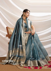 Teal Blue Tissue Linen Woven Saree For Traditional / Religious-Occasions