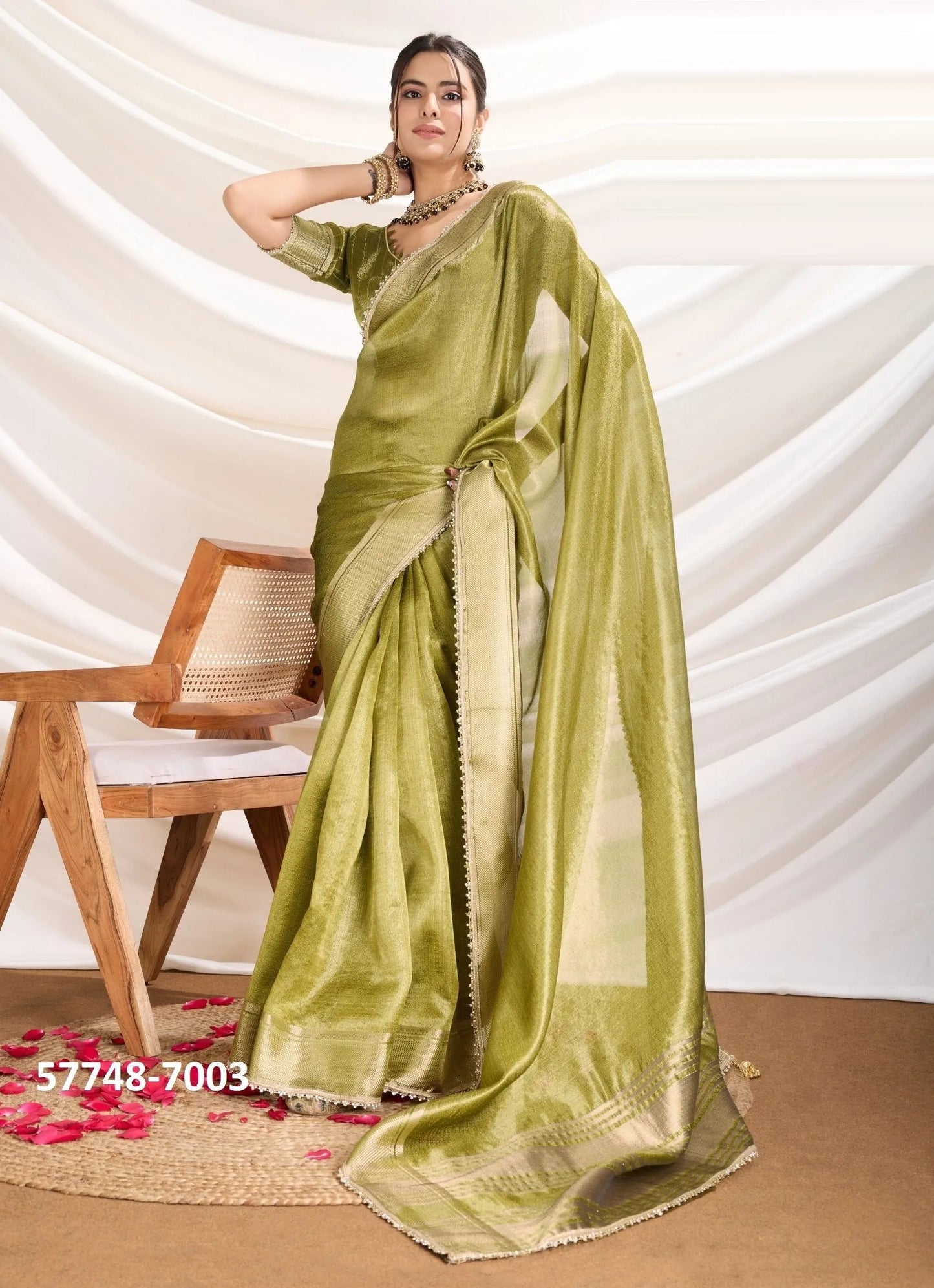 Light Olive Green Tissue Linen Woven Saree For Traditional / Religious-Occasions
